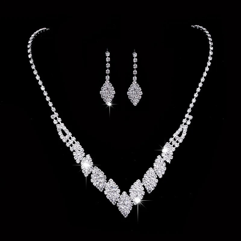 Bridal Jewelry Set Glamorous Crystal Rhinestones Necklace Earrings Silver Plated For Brides