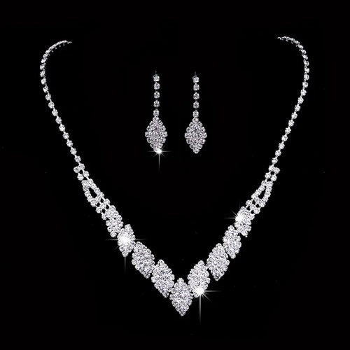 Bridal Jewelry Set Glamorous Crystal Rhinestones Necklace Earrings Silver Plated For Brides