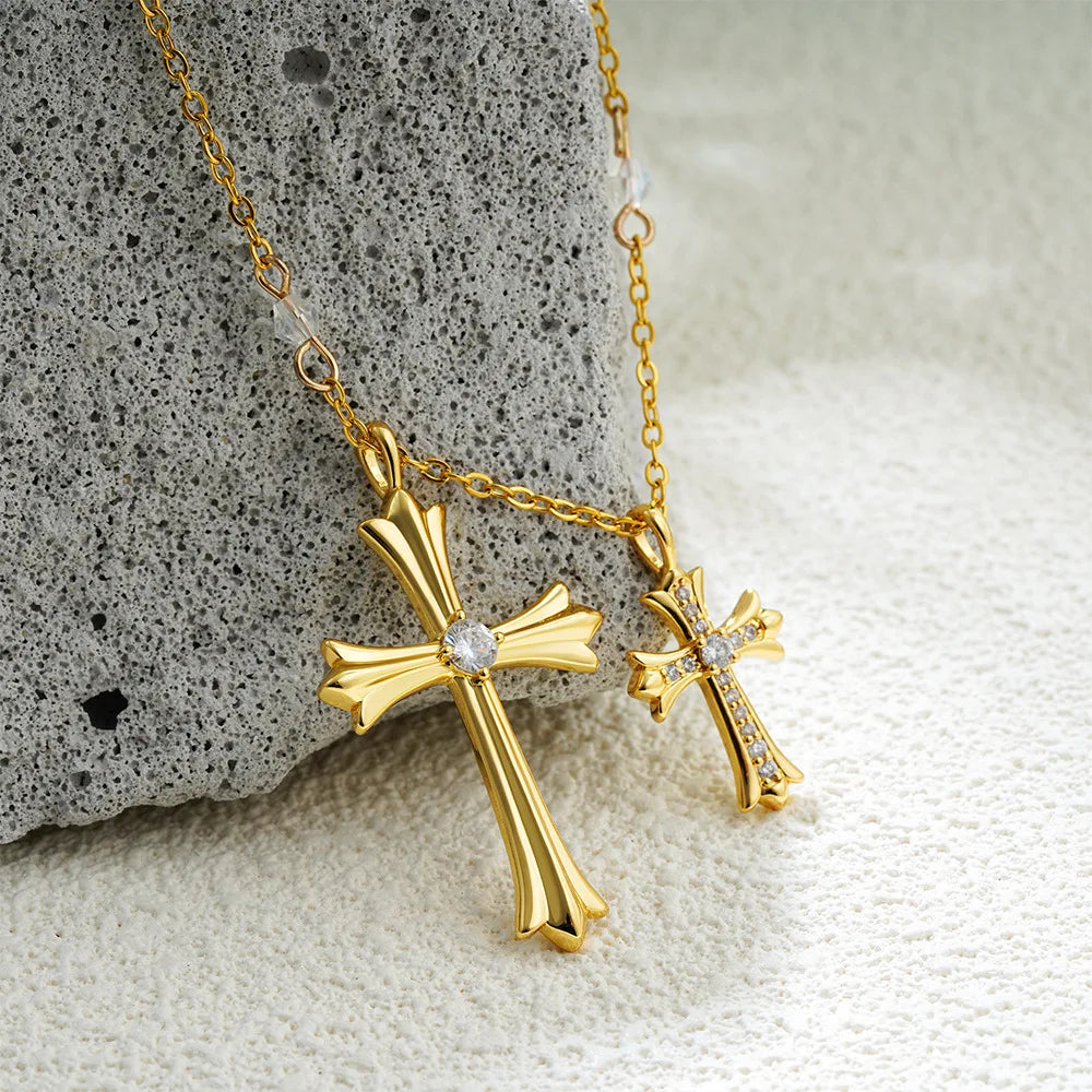 Stainless Steel Igi Certificate 18K Gold Plated Cross Crystal Rhinestone Bamboo Chain Pendant Necklace For Anniversary Wedding