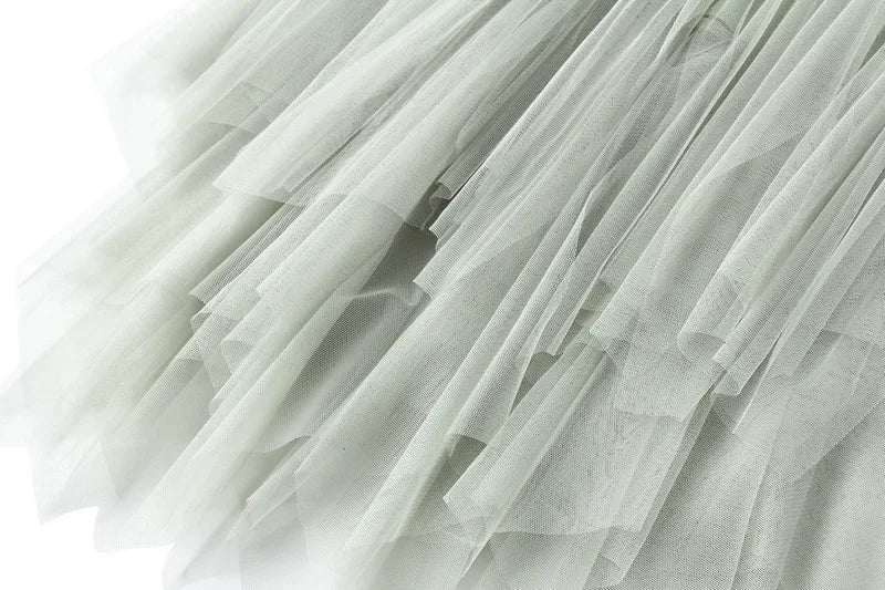OHRYIYIE Women irregular Long Tulle Skirts Ladies High Waist Ankle-Length Tutu Maxi Skirts Beige Green Female Faldas Jupe Femme
