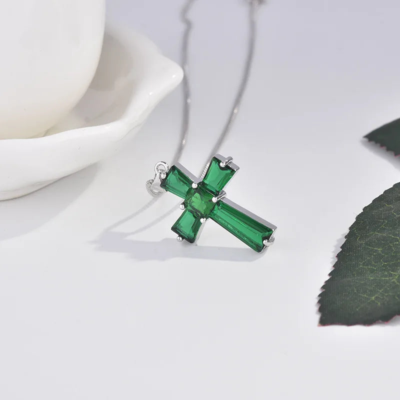 Handmade Emerald Cross Pendant Real 925 Sterling Silver Wedding Pendants Necklace For Women'S Men Genuine Gemstone Jewelry
