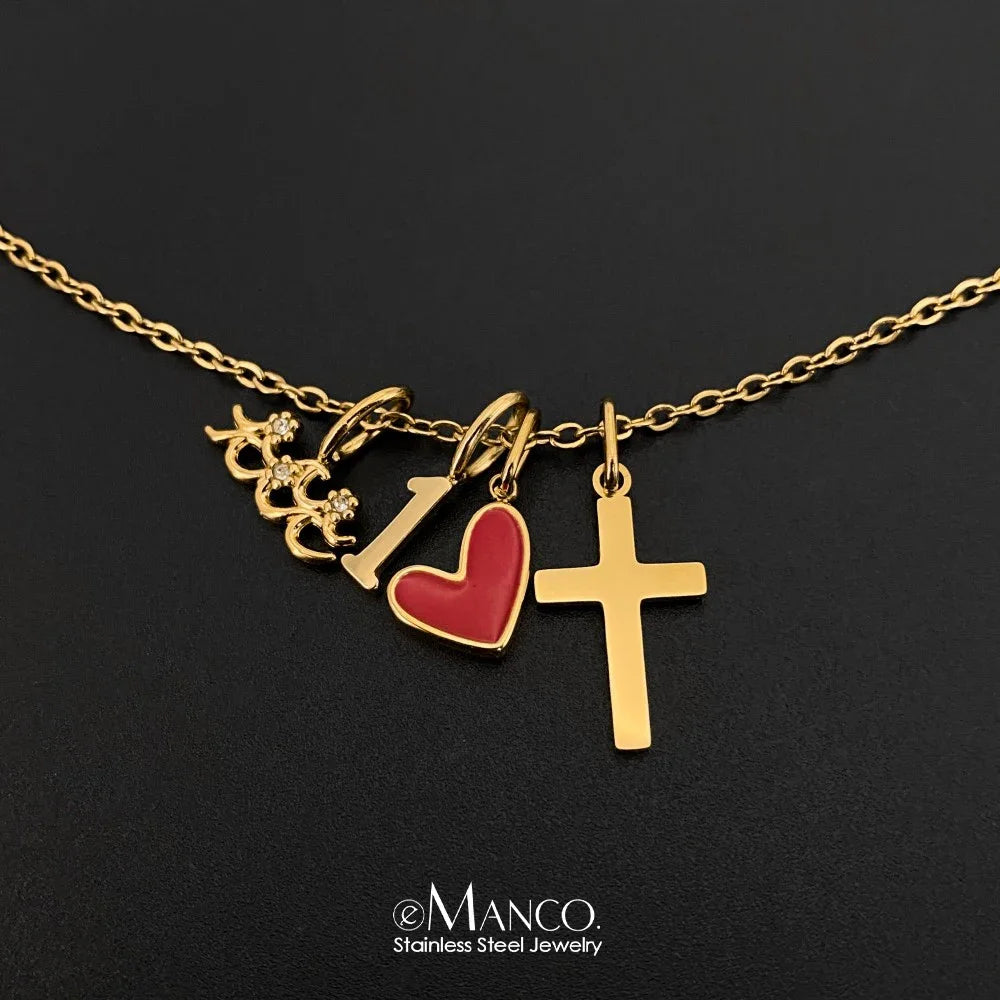 Emanco Gold Color Stainless Steel Necklace Romantic Style Heart Cross Zircon Elements Occasion Trendy Statement Jewelry