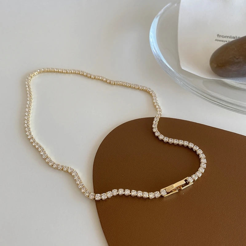 Iced Out Tennis Chain Necklaces Female Gold Color 18K Gold Plated Neck Chain For Women'S Fashion Jewelry Chocker 2024