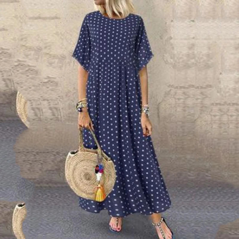 Instylish Summer Long Dress Women Elegant Short Sleeve O Neck Polka Dot Maxi A Line Dress Vintage Boho Beach Party Dress