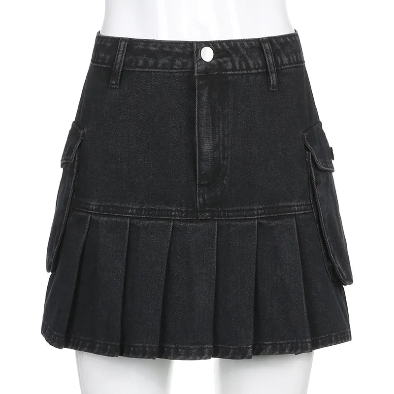 AltGoth Harajuku Y2k Denim Skirt Women Dark Gothic Streetwear Mini Skirt with Skull Belt Mall Goth Punk Grunge Sexy Emo Clubwear