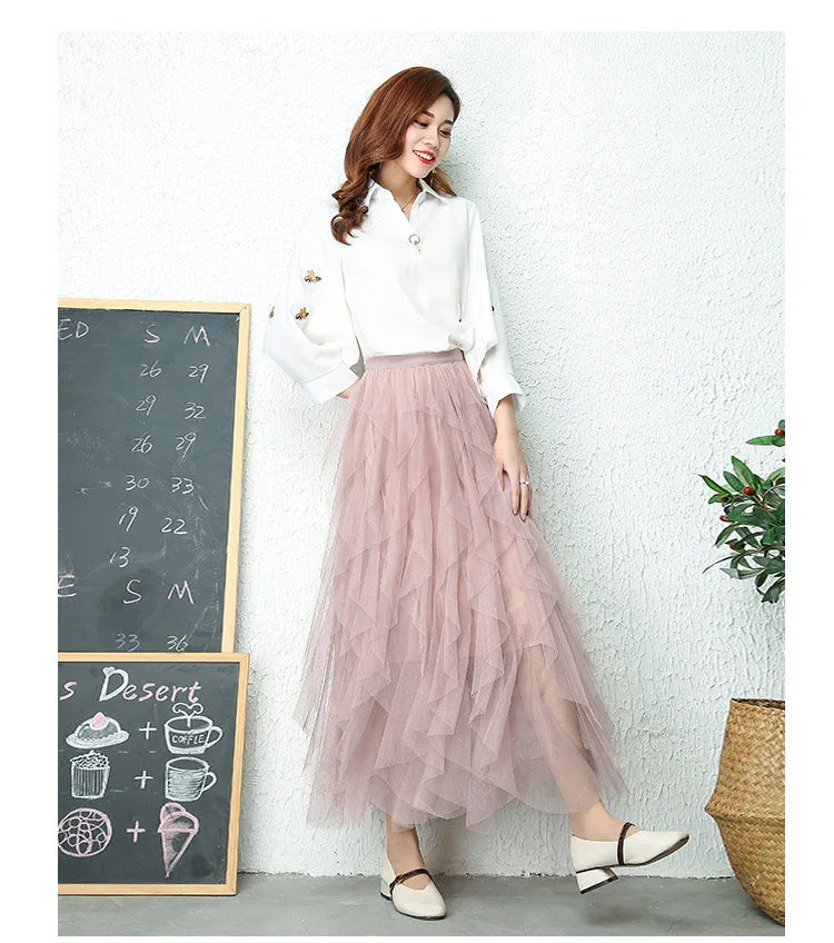 Fashion Tutu Tulle Skirt Women Long Maxi Skirt 2024 Spring Summer Korean Black Pink High Waist Pleated Skirt Female