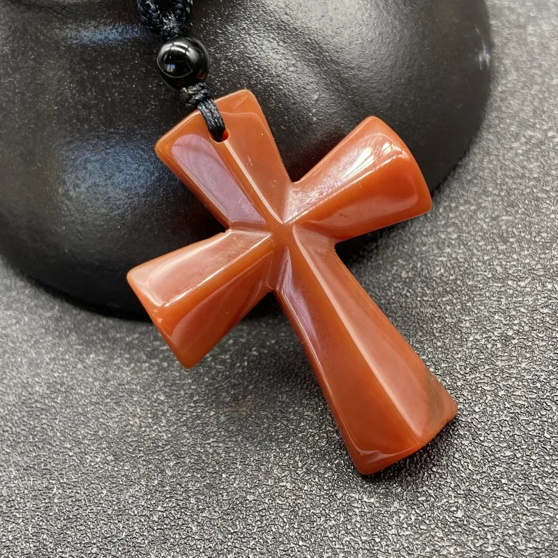 Joya Hand Carved Gemstone Cross Pendant Necklace For Men & Women'S With Adjustable Rope Quartz Crystal Jesus Punk Jewelry
