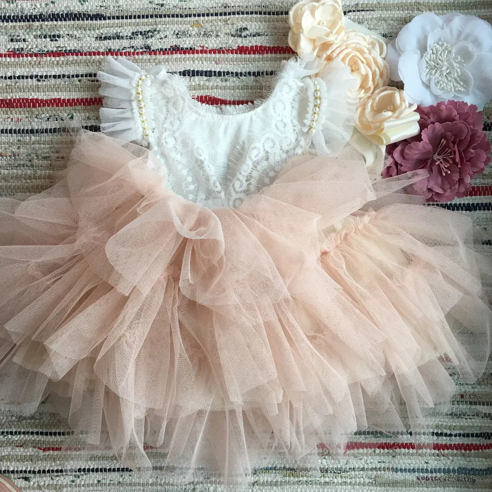 Spanish Toddler Girls Beading Dress for Baby Baptism Dress Birthday Kids Flutter Sleeve Tutu Princess Vestido Clothing