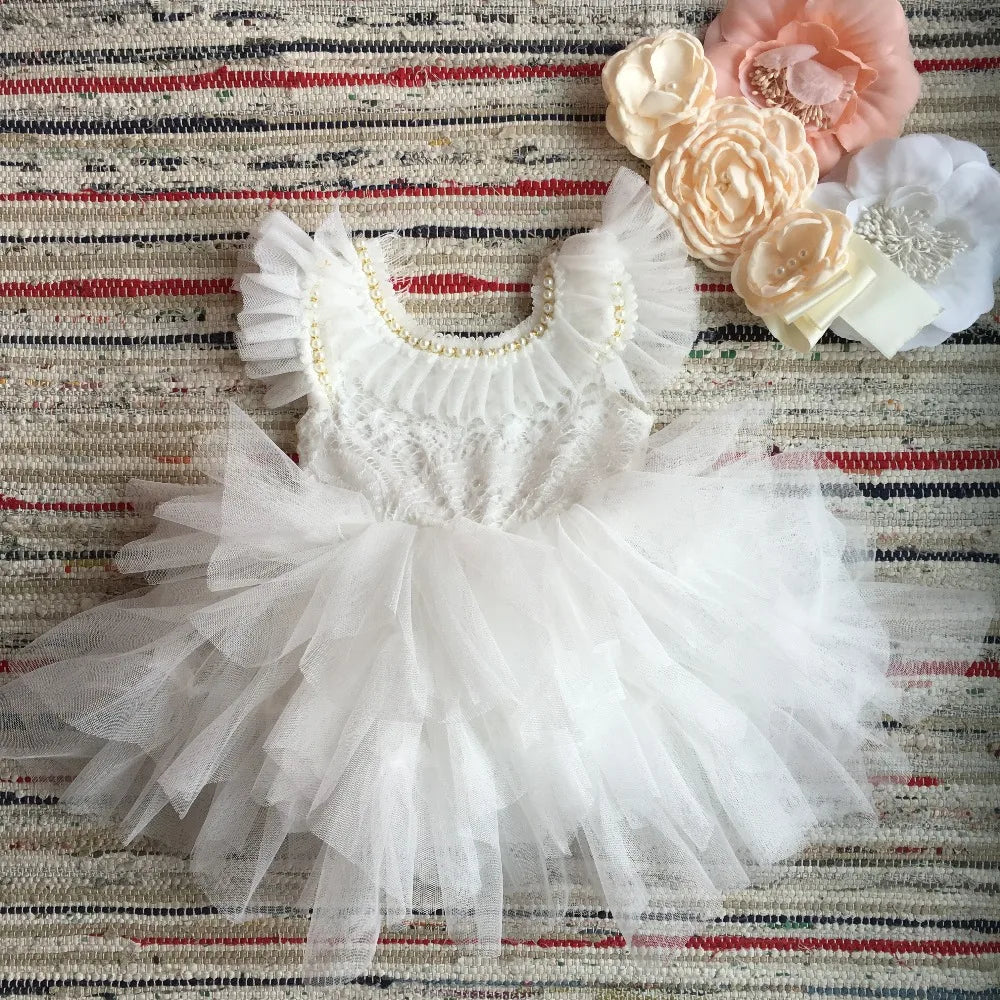 Spanish Toddler Girls Beading Dress for Baby Baptism Dress Birthday Kids Flutter Sleeve Tutu Princess Vestido Clothing