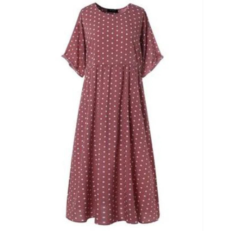Instylish Summer Long Dress Women Elegant Short Sleeve O Neck Polka Dot Maxi A Line Dress Vintage Boho Beach Party Dress
