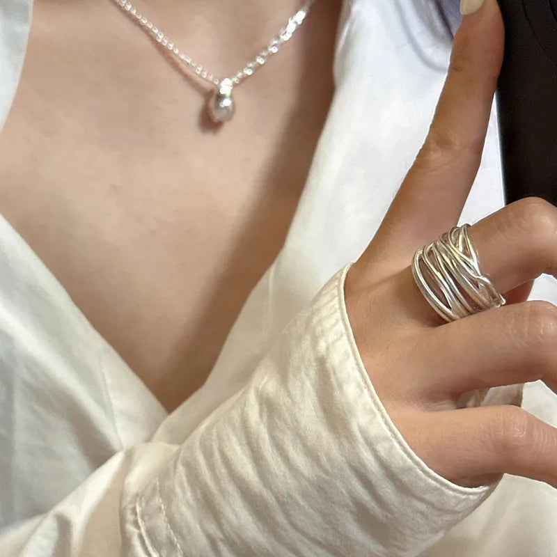 Geometric Multi-Layer Twisted Matte Plating Wide Face Open Rings For Women'S 925 Sterling Silver Fine Jewelry
