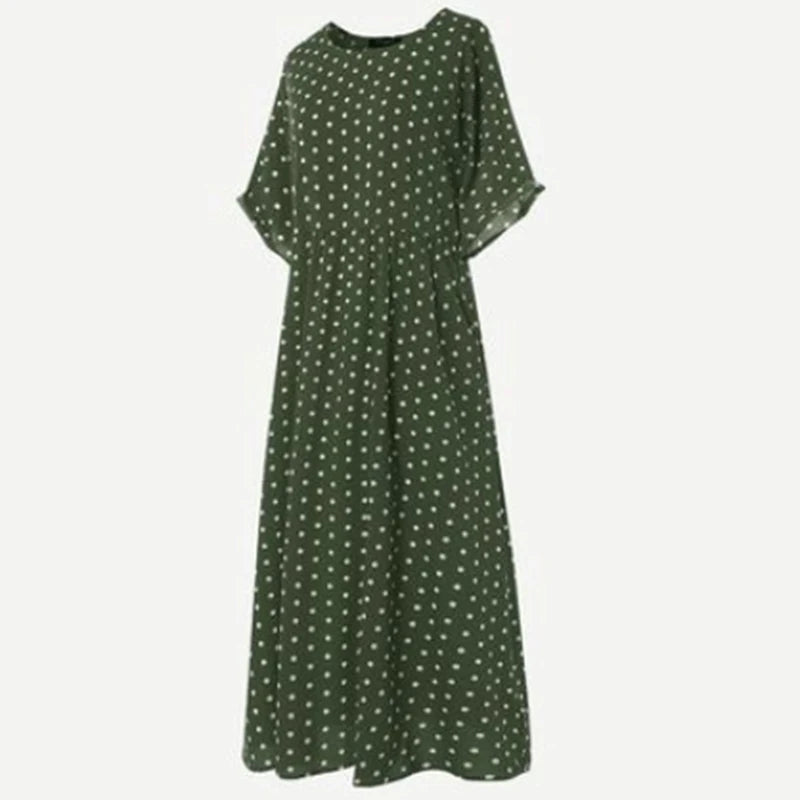 Instylish Summer Long Dress Women Elegant Short Sleeve O Neck Polka Dot Maxi A Line Dress Vintage Boho Beach Party Dress