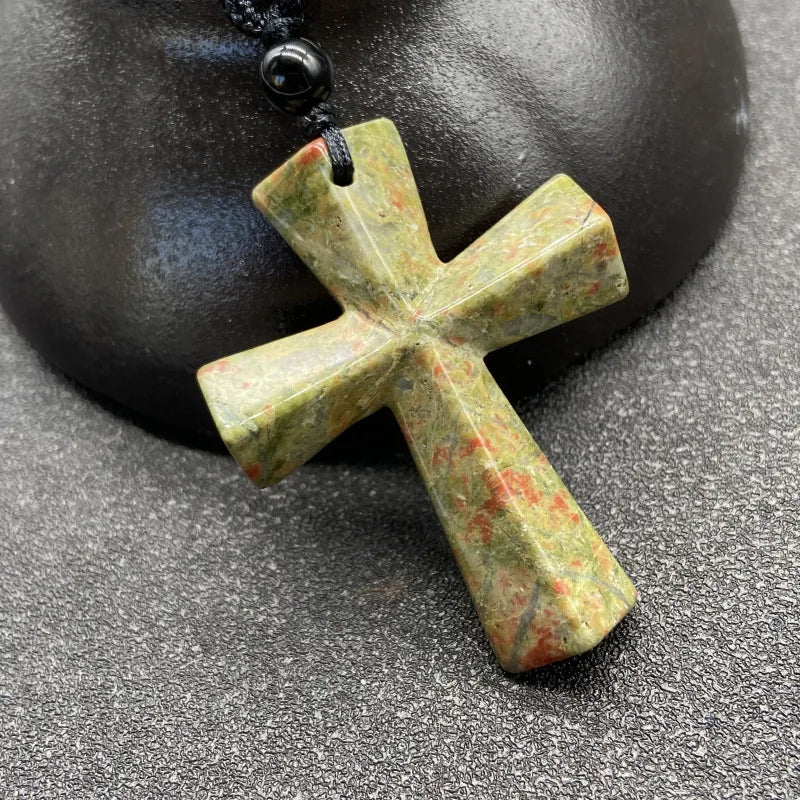 Joya Hand Carved Gemstone Cross Pendant Necklace For Men & Women'S With Adjustable Rope Quartz Crystal Jesus Punk Jewelry