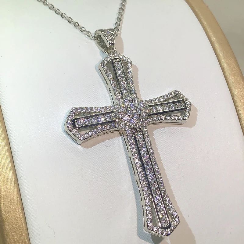 925 Silver Zircon Cross Long Chain Statement Necklace