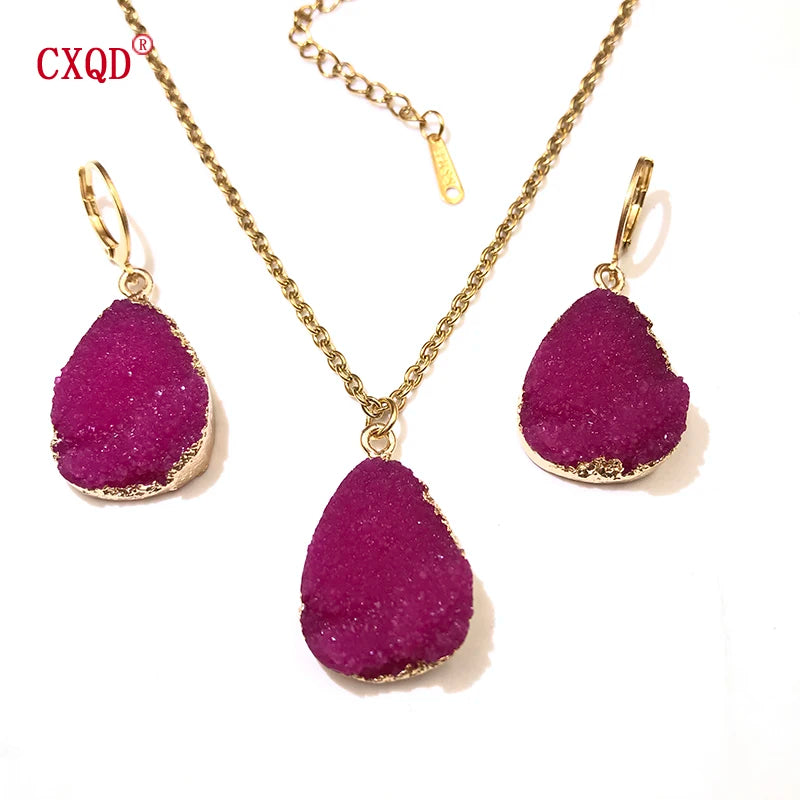 Fashion Cute Lady Water Drop Stainless Steel Resin Pendant Earring Necklace Combination Sweet Multicolor Girl Jewelry Party Gift
