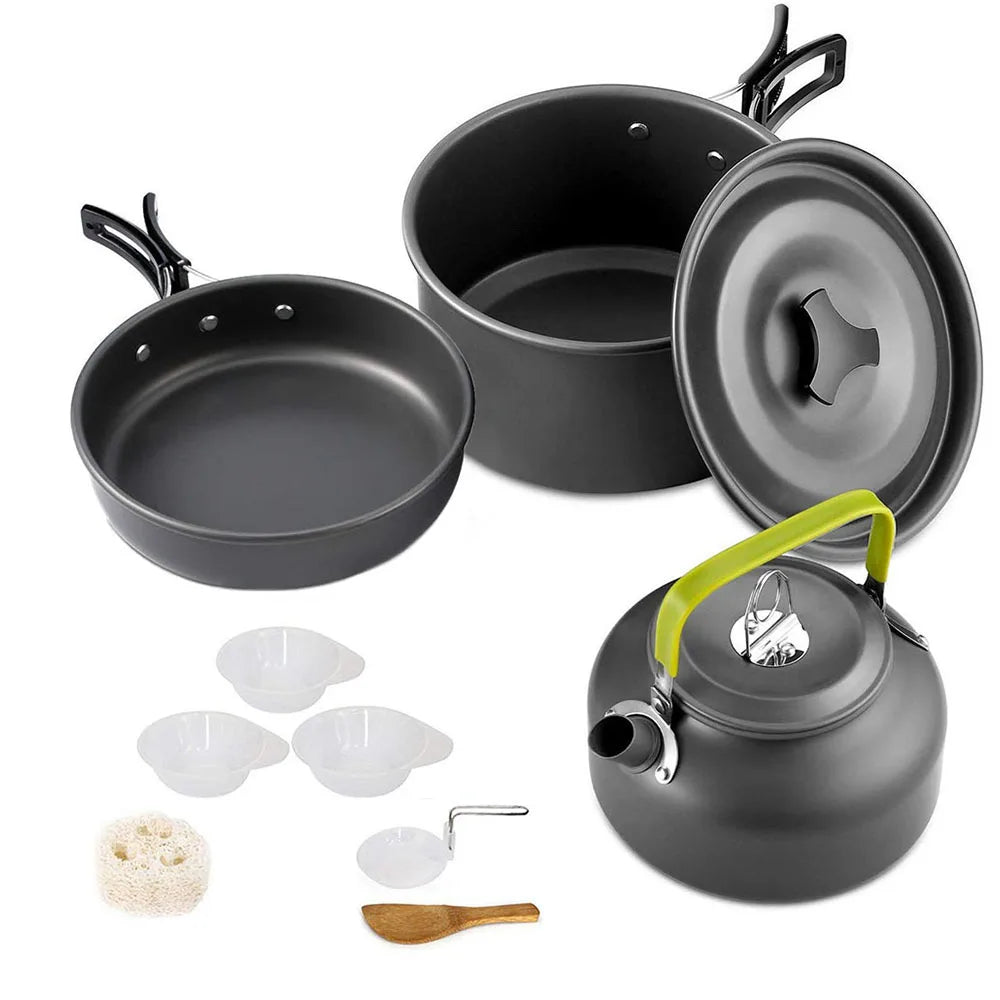 Juego de utensilios de cocina para acampada al aire libre, olla antiadherente de aluminio, vajilla portátil para exteriores, olla para cocinar, cuenco, senderismo, barbacoa, picnic