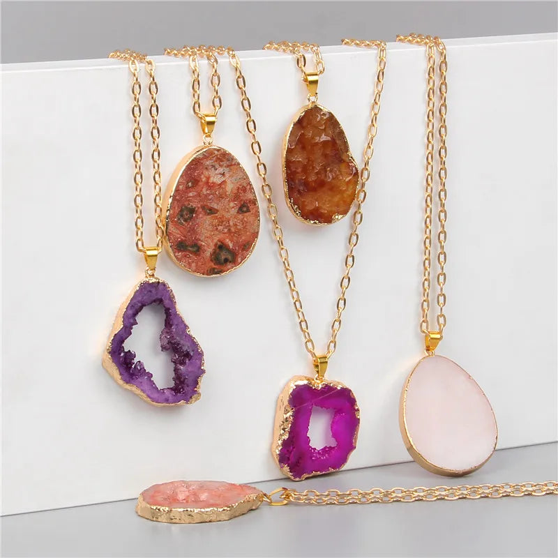 Metal chain healing energy necklace for women Dyed Natural crystal agat druzy crystal Minerals gem stone pendant charm necklace