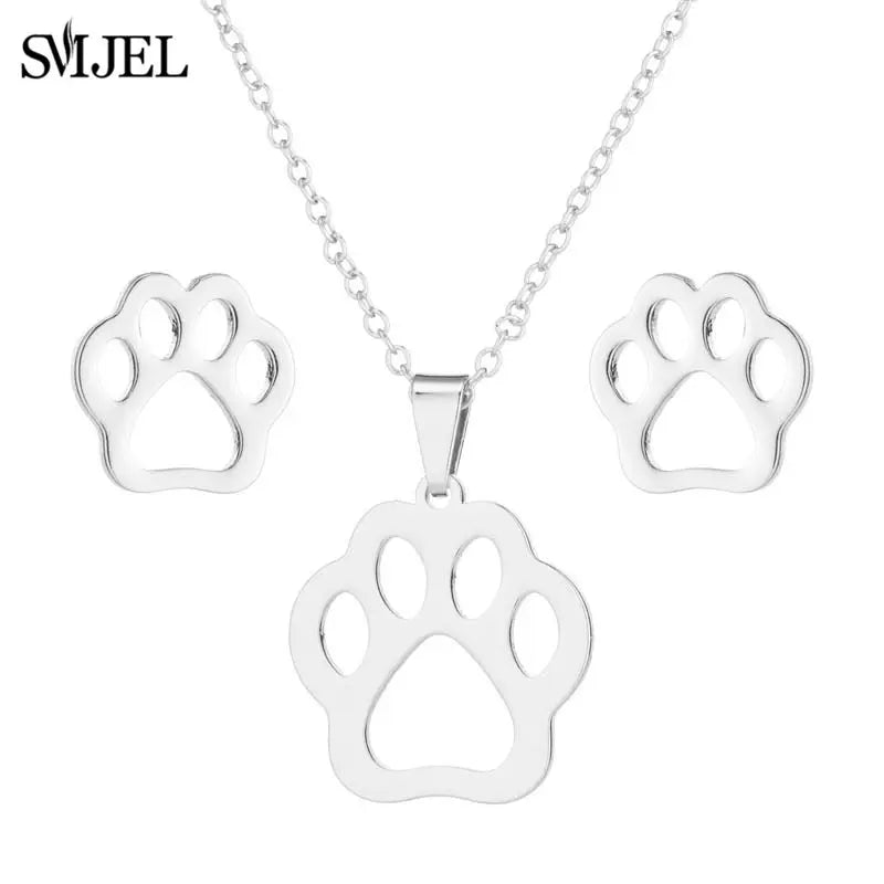 Hermoso juego de joyas de acero inoxidable con forma de gato gatito de color dorado, collares para hombre, collares de moda, pendientes de gato huecos, collar de pata