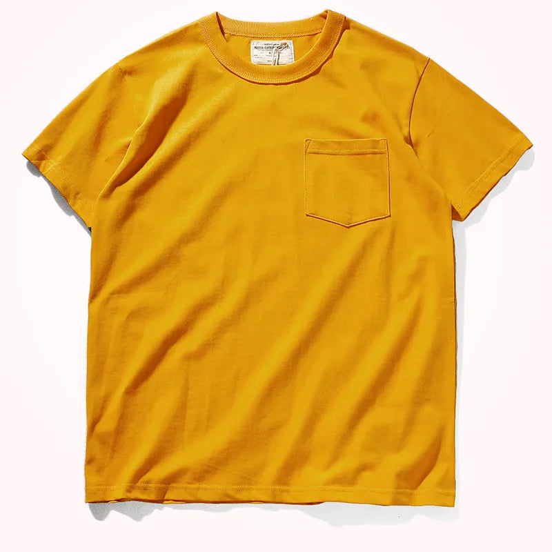 2025 Summer New Pocket T-shirt Men's Short-sleeved Retro Solid Color Simple Round Neck Heavy Weight Washed Old Bottoming Tops