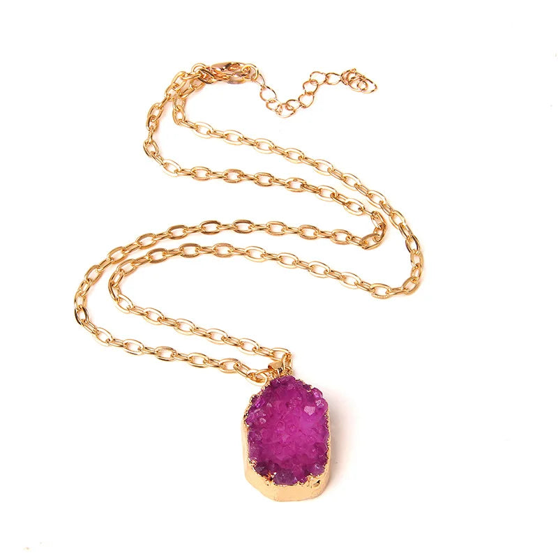 Metal chain healing energy necklace for women Dyed Natural crystal agat druzy crystal Minerals gem stone pendant charm necklace