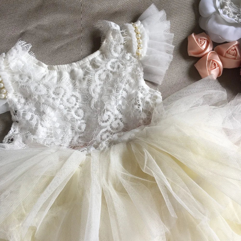 Spanish Toddler Girls Beading Dress for Baby Baptism Dress Birthday Kids Flutter Sleeve Tutu Princess Vestido Clothing