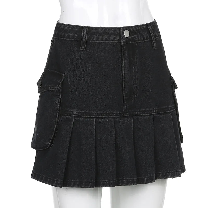 AltGoth Harajuku Y2k Denim Skirt Women Dark Gothic Streetwear Mini Skirt with Skull Belt Mall Goth Punk Grunge Sexy Emo Clubwear