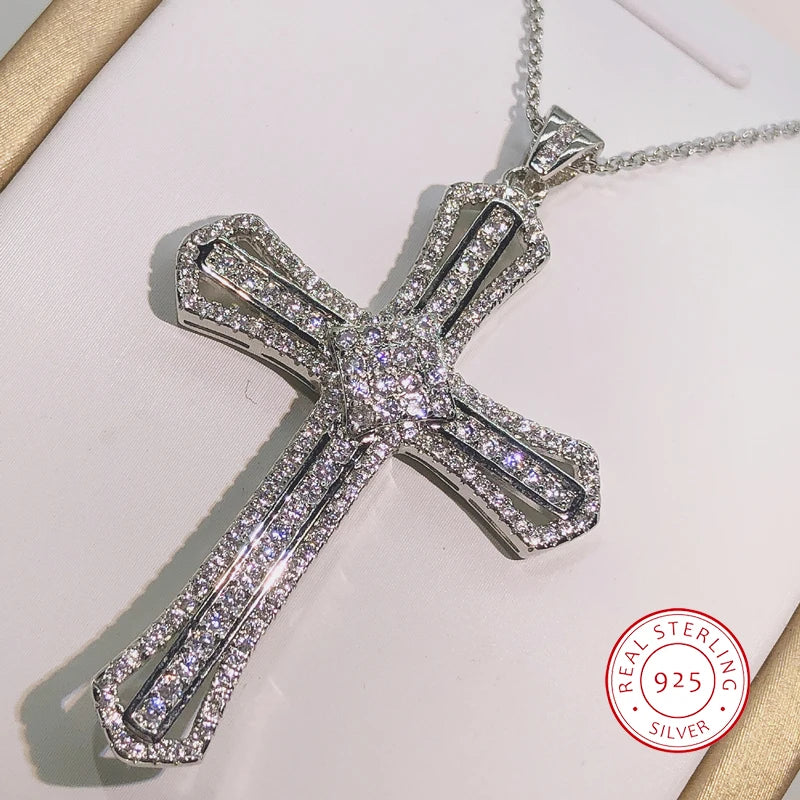 925 Silver Zircon Cross Long Chain Statement Necklace