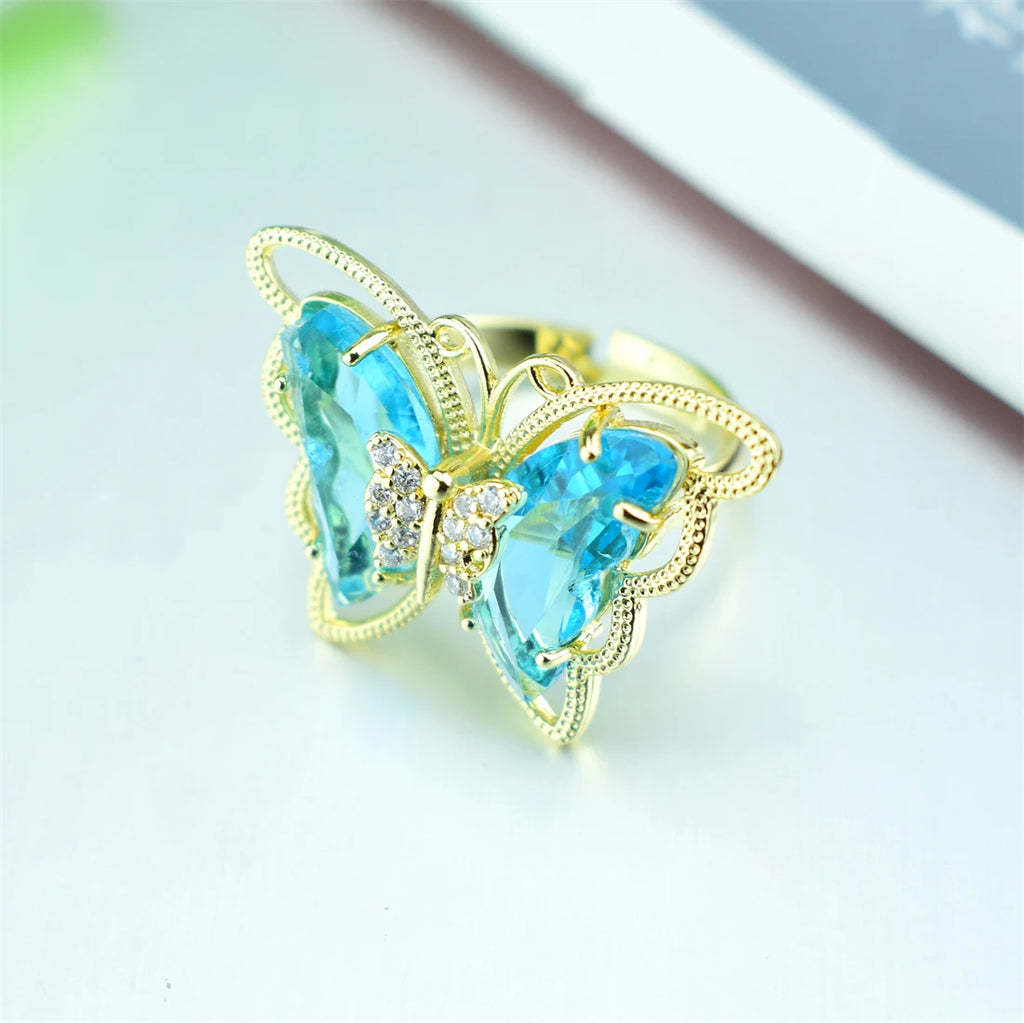 2021 New Fashion Ladies Glass Crystal Butterfly Ring 18 Colors Optional Adjustable Ladies Anniversary Gift Bulk Wholesale