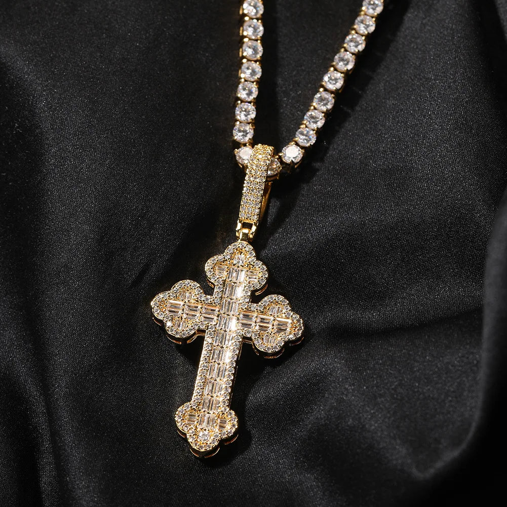 New Fashion Pvd Gold Plated Iced Out Bling 5A Cross Pendant Necklace Twisted Singapore Chain Hip Hop Jewelry For Men