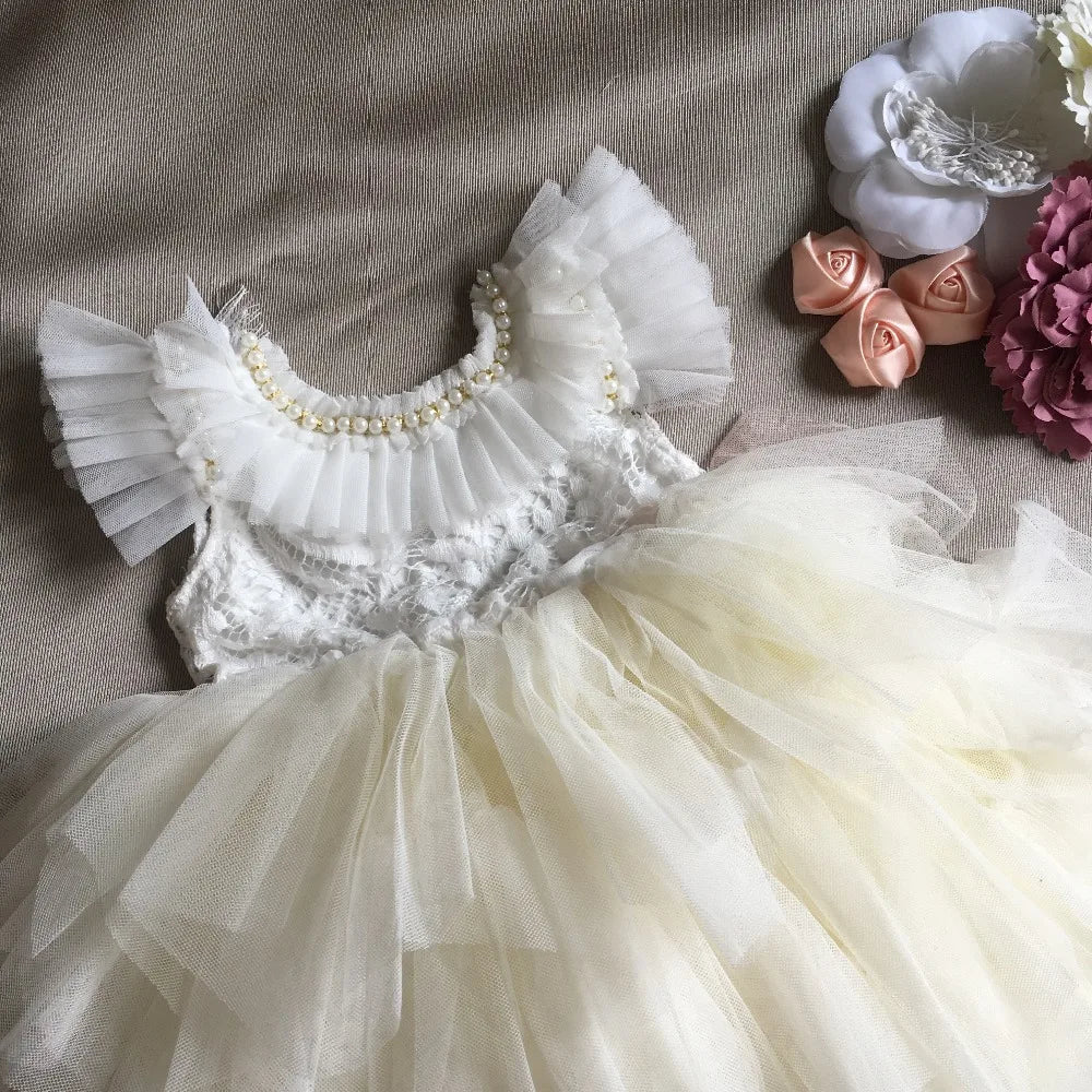Spanish Toddler Girls Beading Dress for Baby Baptism Dress Birthday Kids Flutter Sleeve Tutu Princess Vestido Clothing