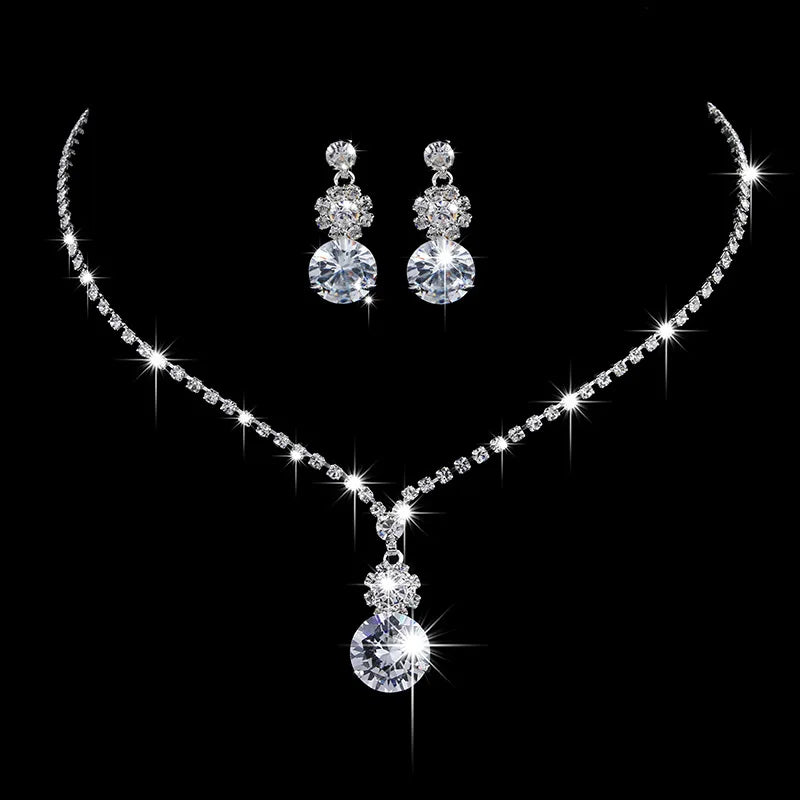 Bridal Jewelry Set Glamorous Crystal Rhinestones Necklace Earrings Silver Plated For Brides