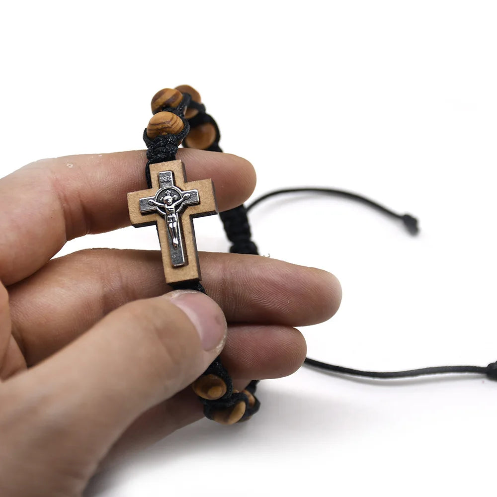 Cross Bracelet Pine Wood Beads Beaded Hand Woven Bracelet Man Woman Charm Bracelet Religious Jewelry