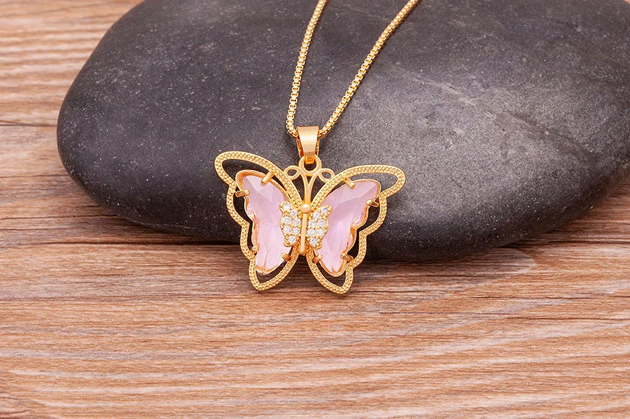Nidin Top Quality Austrian Crystal Zircon 10 Colors Butterfly Pendant For Women Female Colorful Animal Necklace Jewelry Gifts