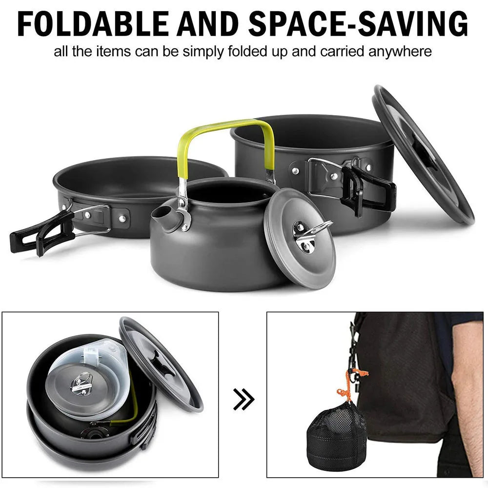 Juego de utensilios de cocina para acampada al aire libre, olla antiadherente de aluminio, vajilla portátil para exteriores, olla para cocinar, cuenco, senderismo, barbacoa, picnic