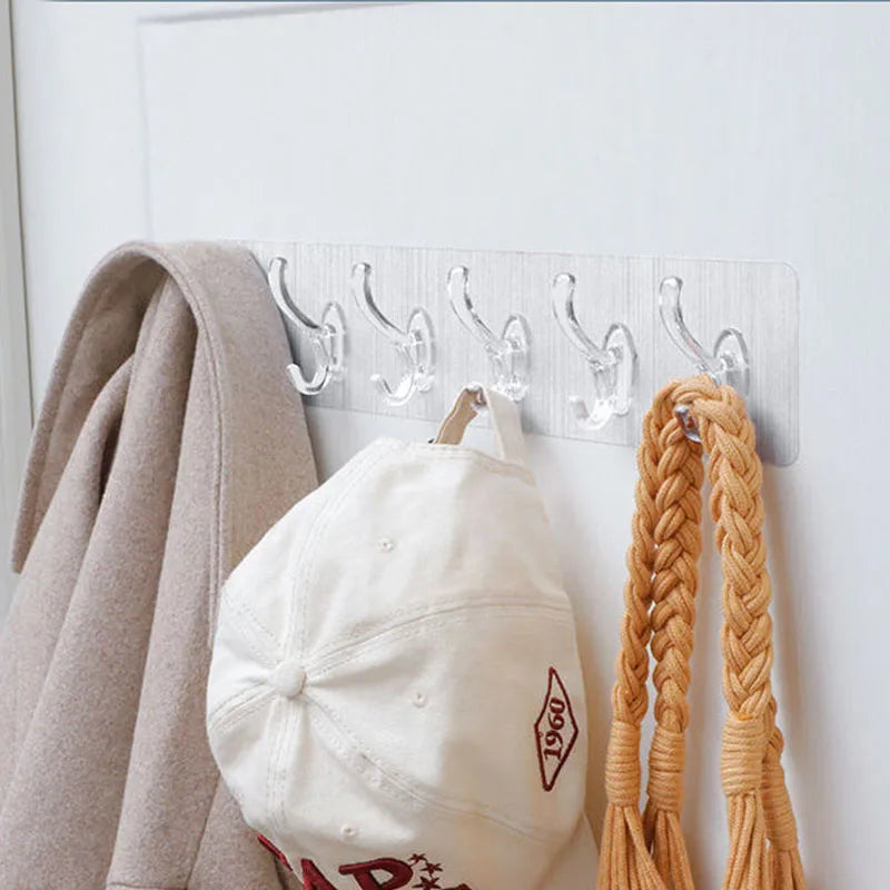 3/5/6 Hooks Transparent Holder Rack Bathroom Towel Sponge Storage Hanger Living Room Hat Clothes Seamless Hook Organiser