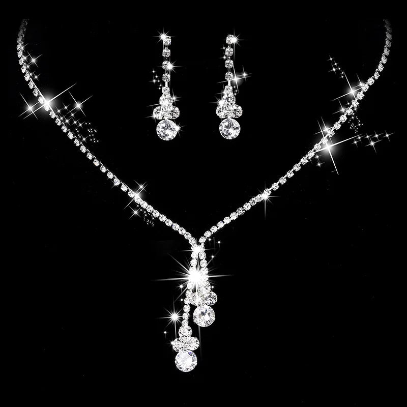 Bridal Jewelry Set Glamorous Crystal Rhinestones Necklace Earrings Silver Plated For Brides