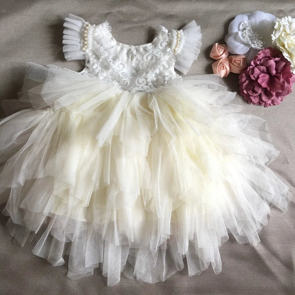 Spanish Toddler Girls Beading Dress for Baby Baptism Dress Birthday Kids Flutter Sleeve Tutu Princess Vestido Clothing