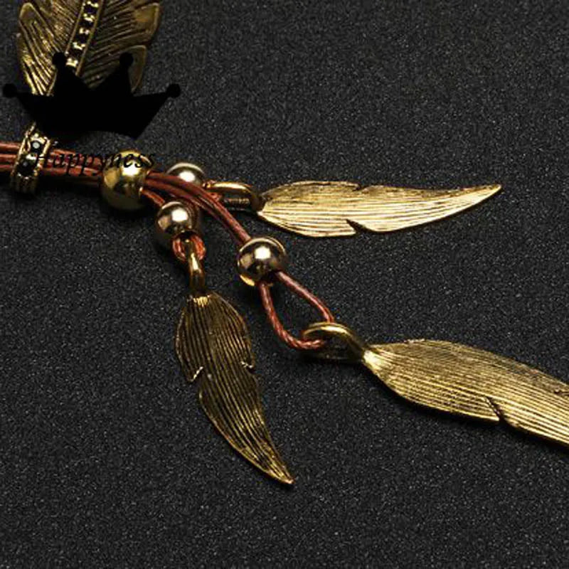 Bohemian Leaf & Feather Rope Chain Pendant Necklace