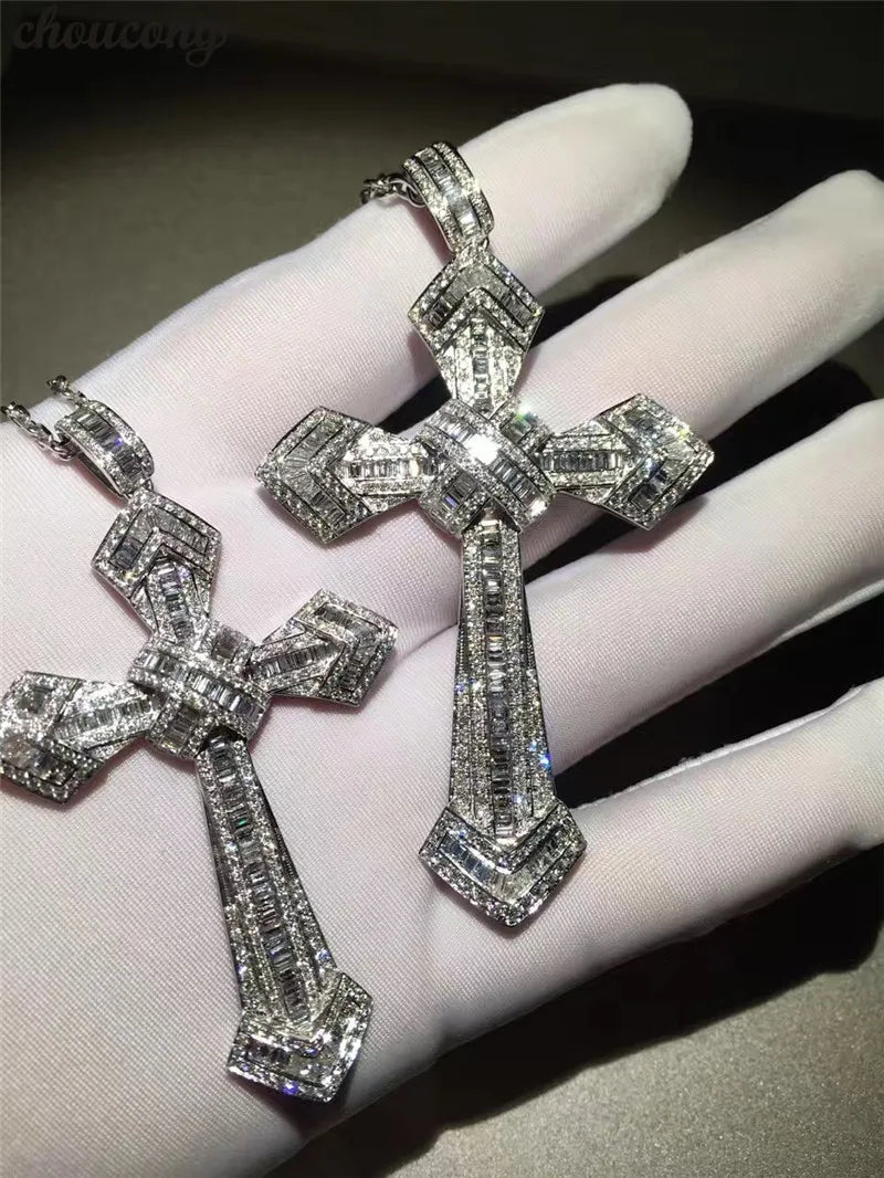 14K Gold Long Diamond Cross Pendant 925 Sterling Silver Wedding Pendants Necklace For Women'S Men Moissanite Jewelry