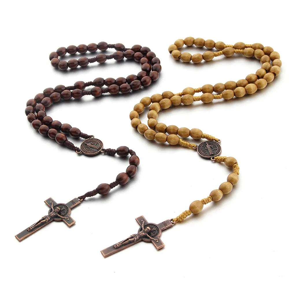 Jesus Cross Pendant Necklace Catholic Rosary Christian Religious Cross Hand Made Wooden Beads Exorcism Necklace Vintage Jewelry