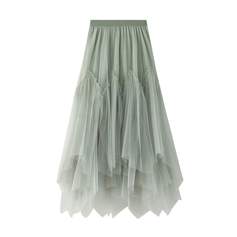OHRYIYIE Women irregular Long Tulle Skirts Ladies High Waist Ankle-Length Tutu Maxi Skirts Beige Green Female Faldas Jupe Femme