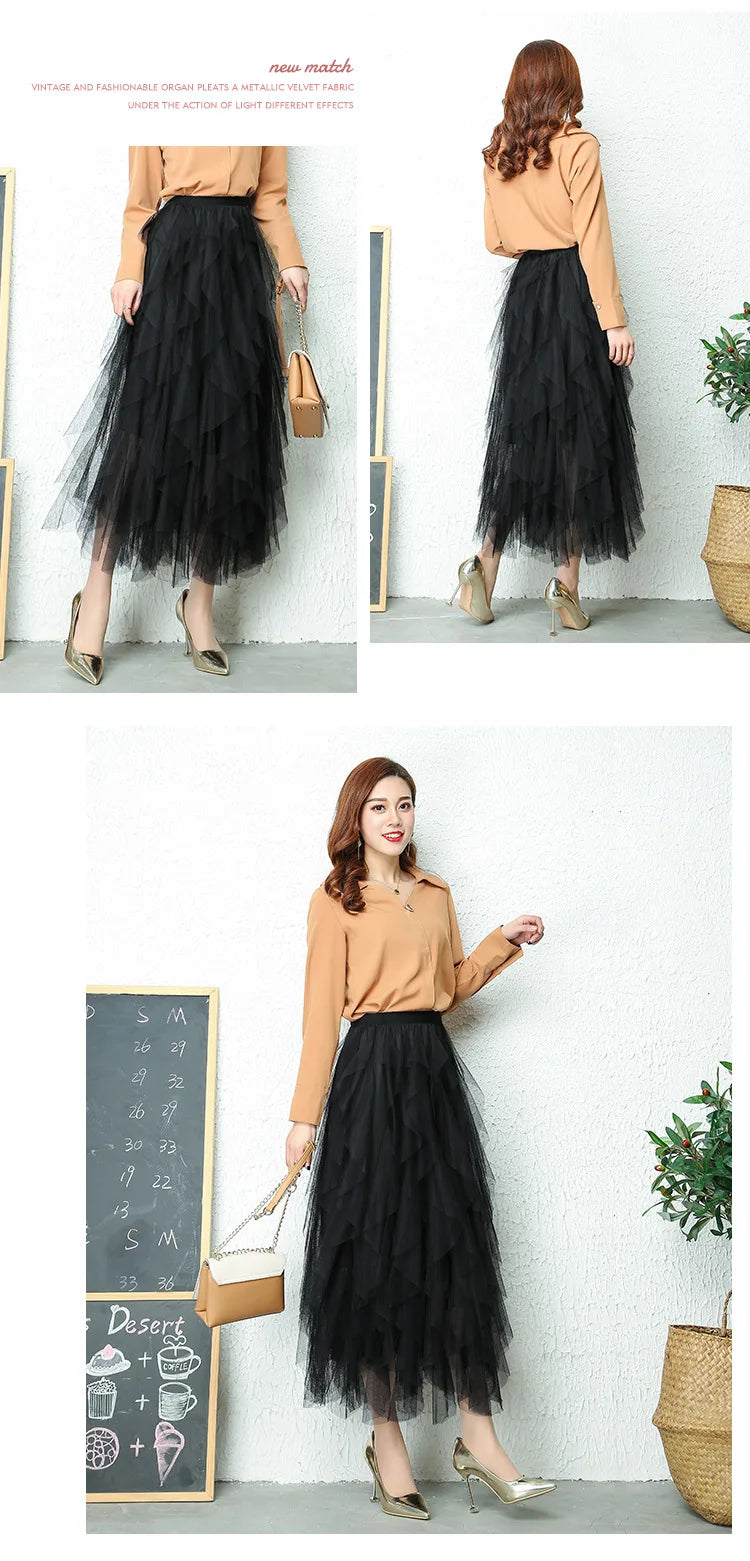 Fashion Tutu Tulle Skirt Women Long Maxi Skirt 2024 Spring Summer Korean Black Pink High Waist Pleated Skirt Female