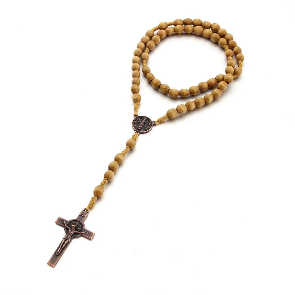 Jesus Cross Pendant Necklace Catholic Rosary Christian Religious Cross Hand Made Wooden Beads Exorcism Necklace Vintage Jewelry
