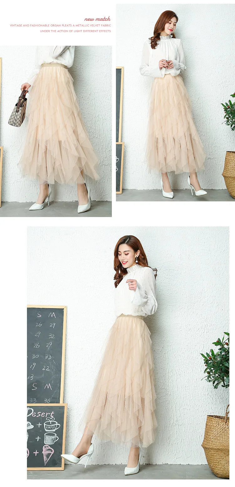 Fashion Tutu Tulle Skirt Women Long Maxi Skirt 2024 Spring Summer Korean Black Pink High Waist Pleated Skirt Female