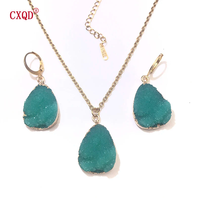 Fashion Cute Lady Water Drop Stainless Steel Resin Pendant Earring Necklace Combination Sweet Multicolor Girl Jewelry Party Gift
