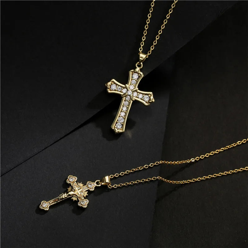 Newbuy Gold Color Jesus Cross Pendant Stainless Steel Chain Necklace For Women'S Men Classic Design Christain Jewelry