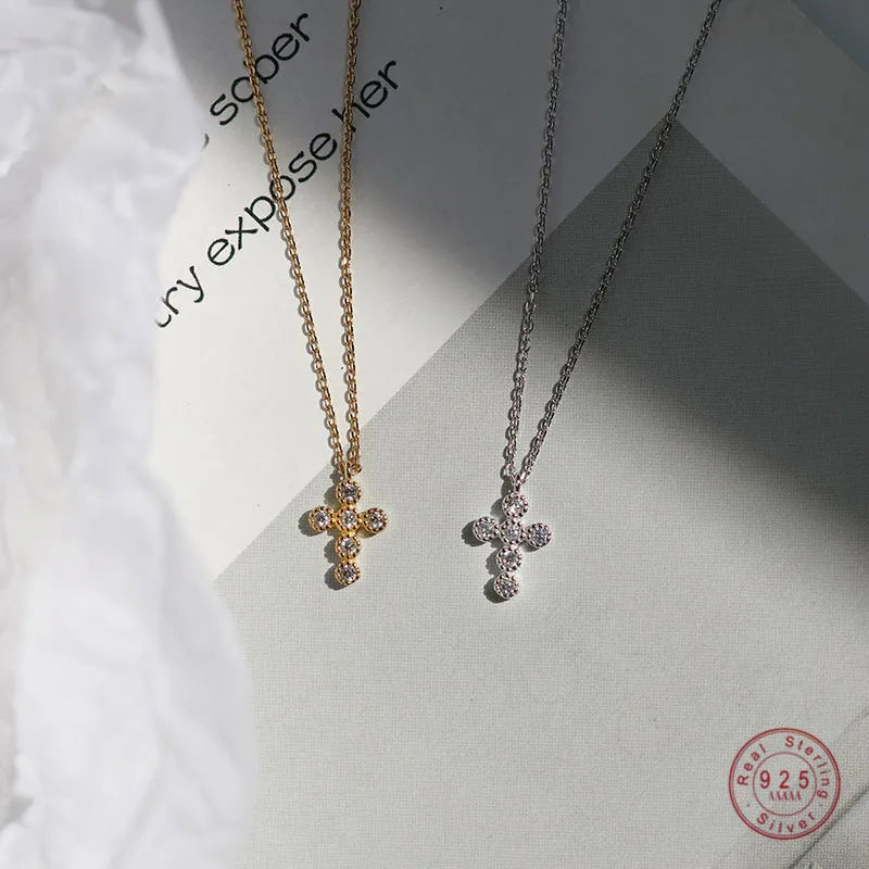 925 Sterling Silver Pavé Crystal Cross Pendant Necklace Women'S Classic Temperament Wedding Jewelry Girlfriend