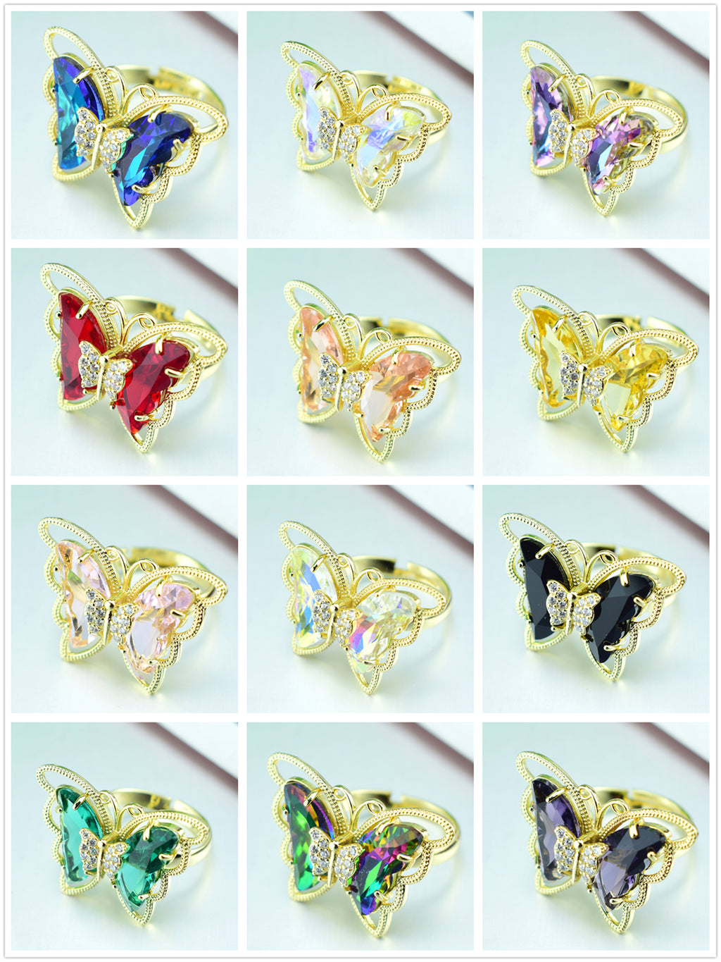 2021 New Fashion Ladies Glass Crystal Butterfly Ring 18 Colors Optional Adjustable Ladies Anniversary Gift Bulk Wholesale