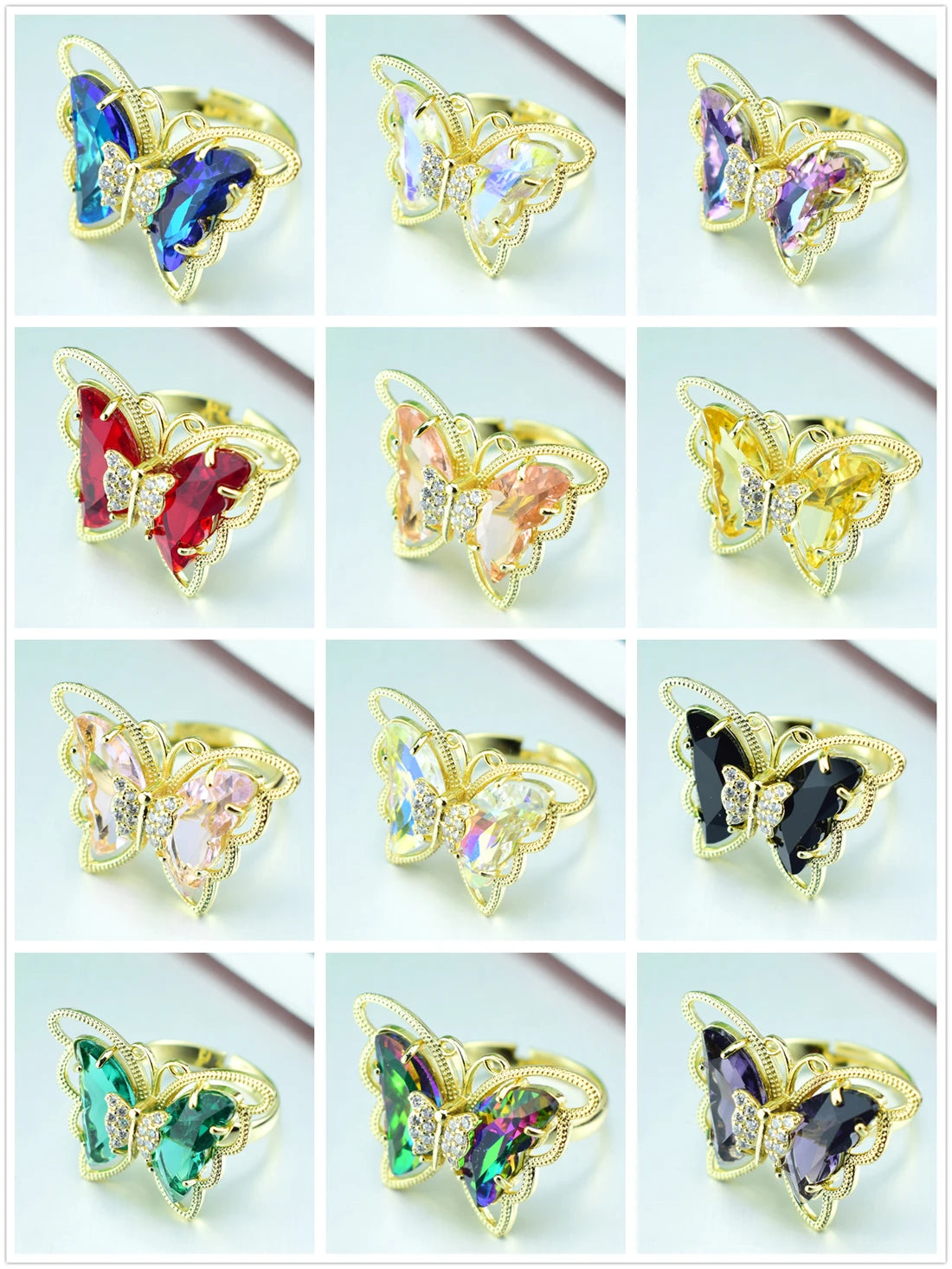 2021 New Fashion Ladies Glass Crystal Butterfly Ring 18 Colors Optional Adjustable Ladies Anniversary Gift Bulk Wholesale