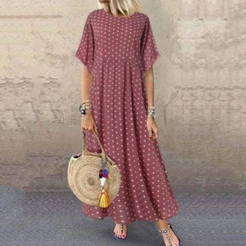 Instylish Summer Long Dress Women Elegant Short Sleeve O Neck Polka Dot Maxi A Line Dress Vintage Boho Beach Party Dress